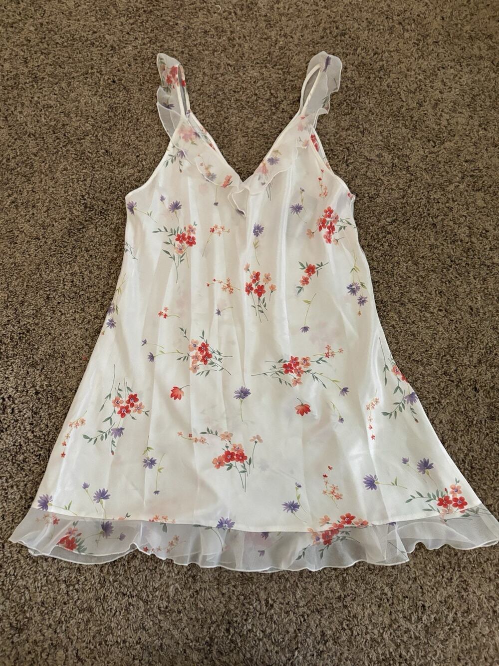 Oscar de la Renta Pink Label Nightgown 1980’s L Ruffle Floral V Neck Sleeveless